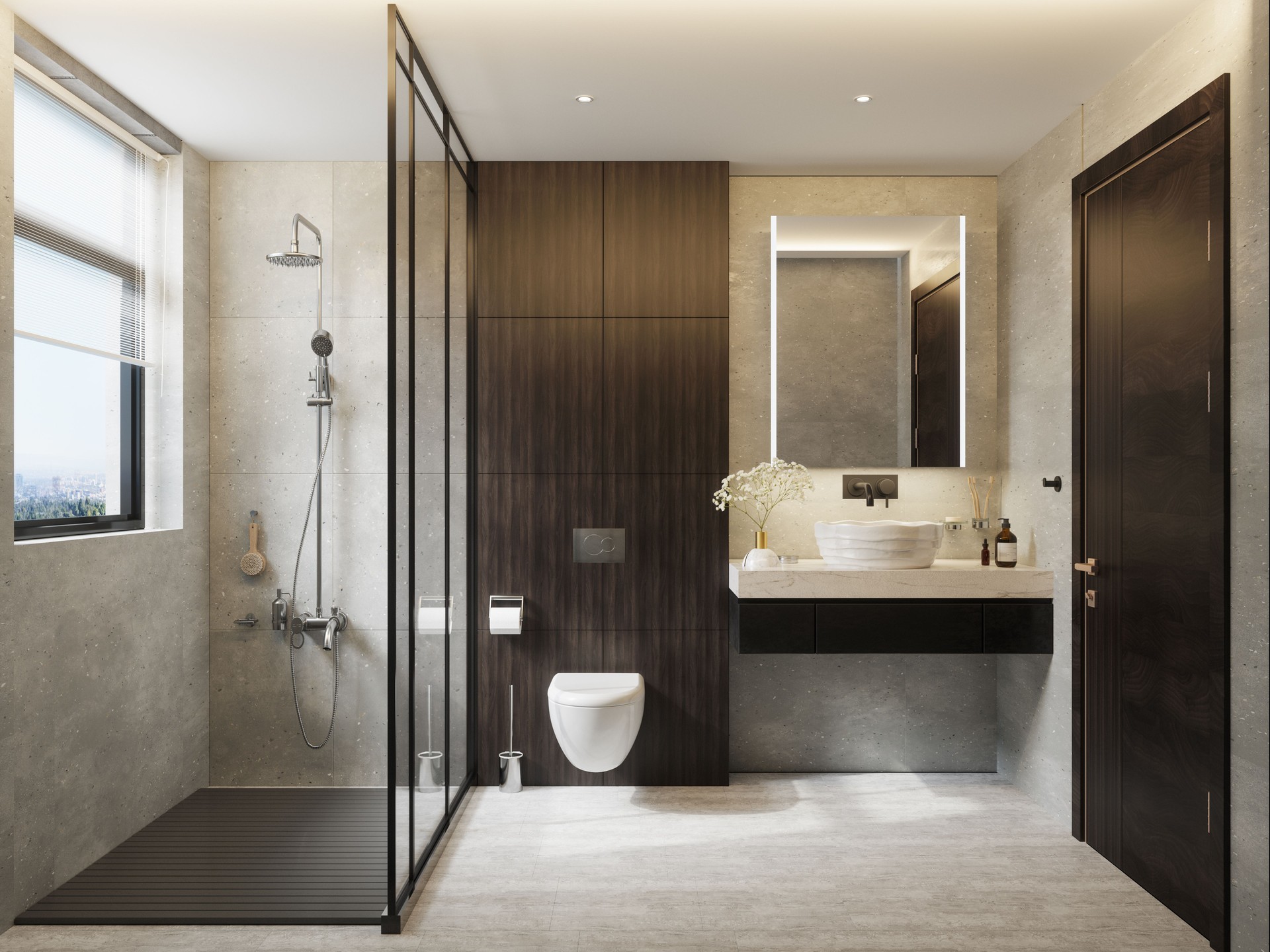 Luxury Bathroom Interior With Shower, Toilet And Mirror